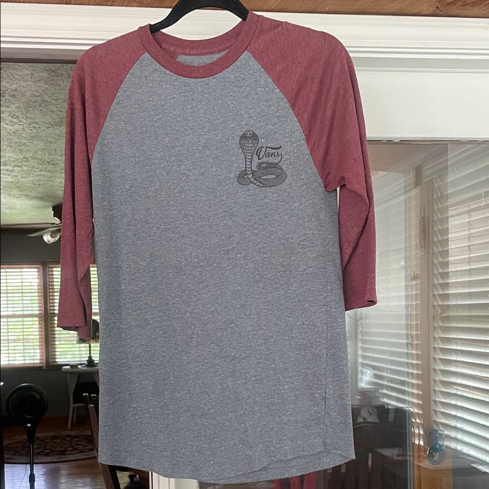 Vans Men's T-shirt Heather Gray and Maroon Raglan